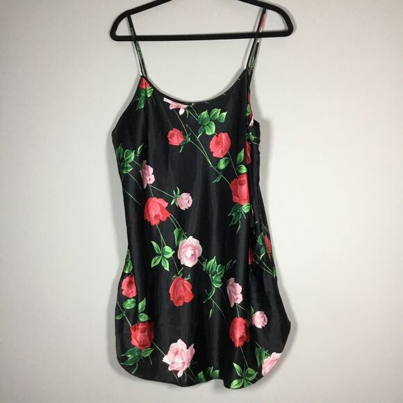 Black satin rose print camisole adjustable spaghetti straps witchy 1XL - Picture 1 of 7